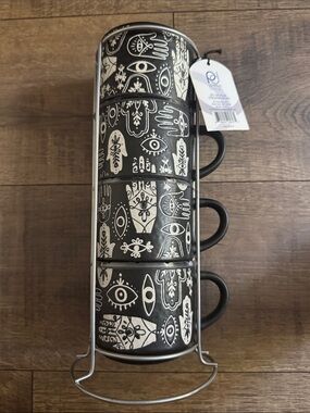 Prima Design Evil Eye and Hamsa Hand Stacking Mug Set. 4 - 8oz mugs